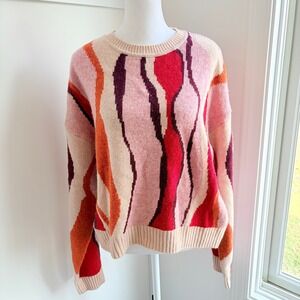 Suncoo Paris Pull Pradja Sweater T3 Large Abstract Wavy Pink Wool Blend Crewneck